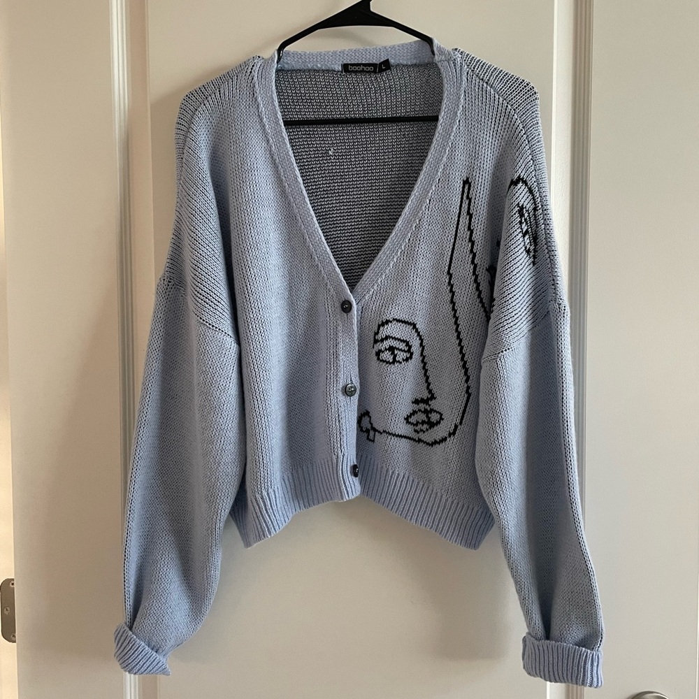 Boohoo Embroidered Button Up Blue Cropped Cardigan Sweater
